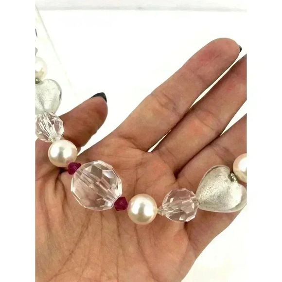 Clear Chunky Glass Heart Plastic Beaded Necklace Wired Faux Pearl 18" long - Picture 7 of 11